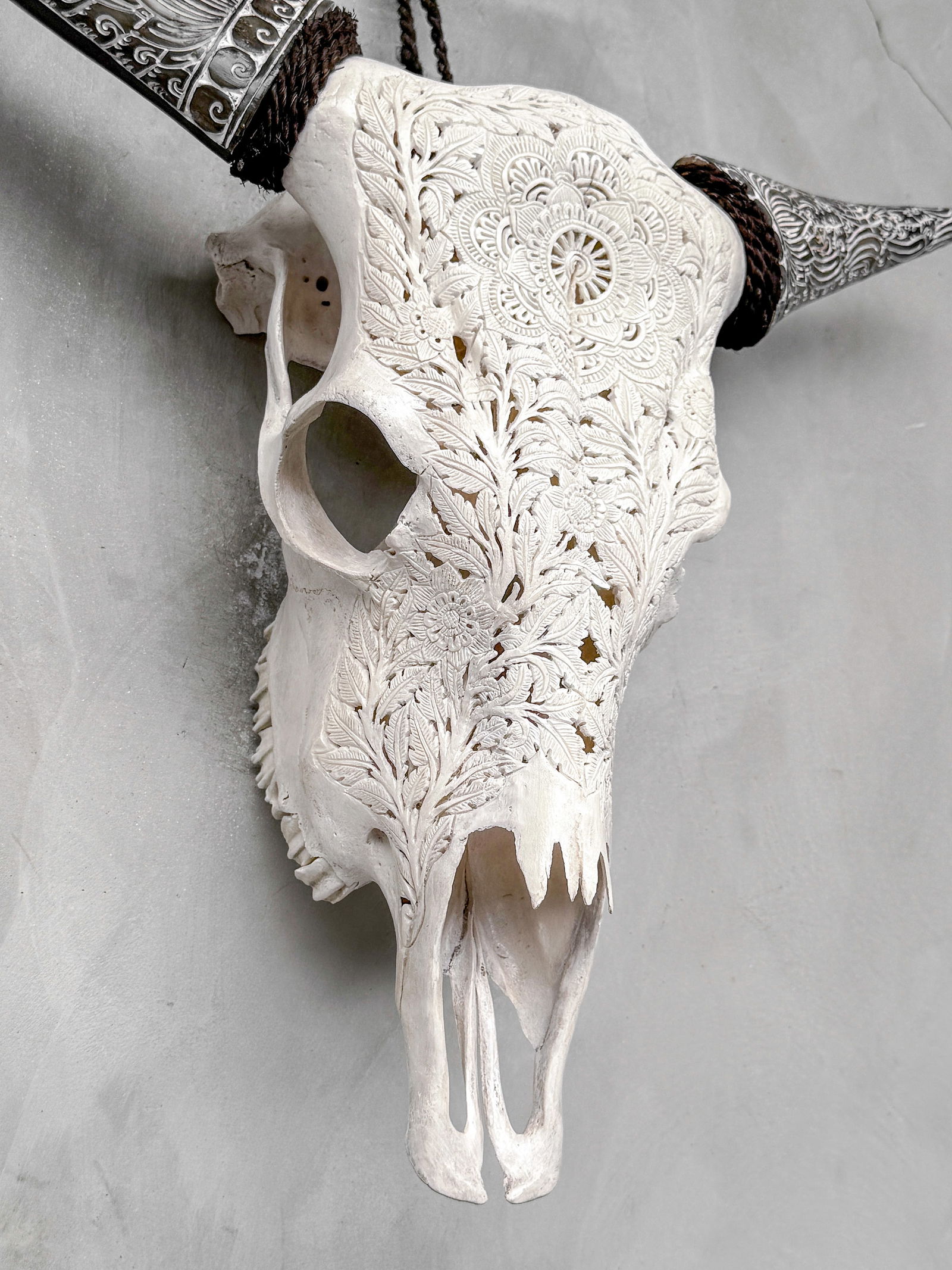 White cow skull carved horns - Flower mandala motif - 5