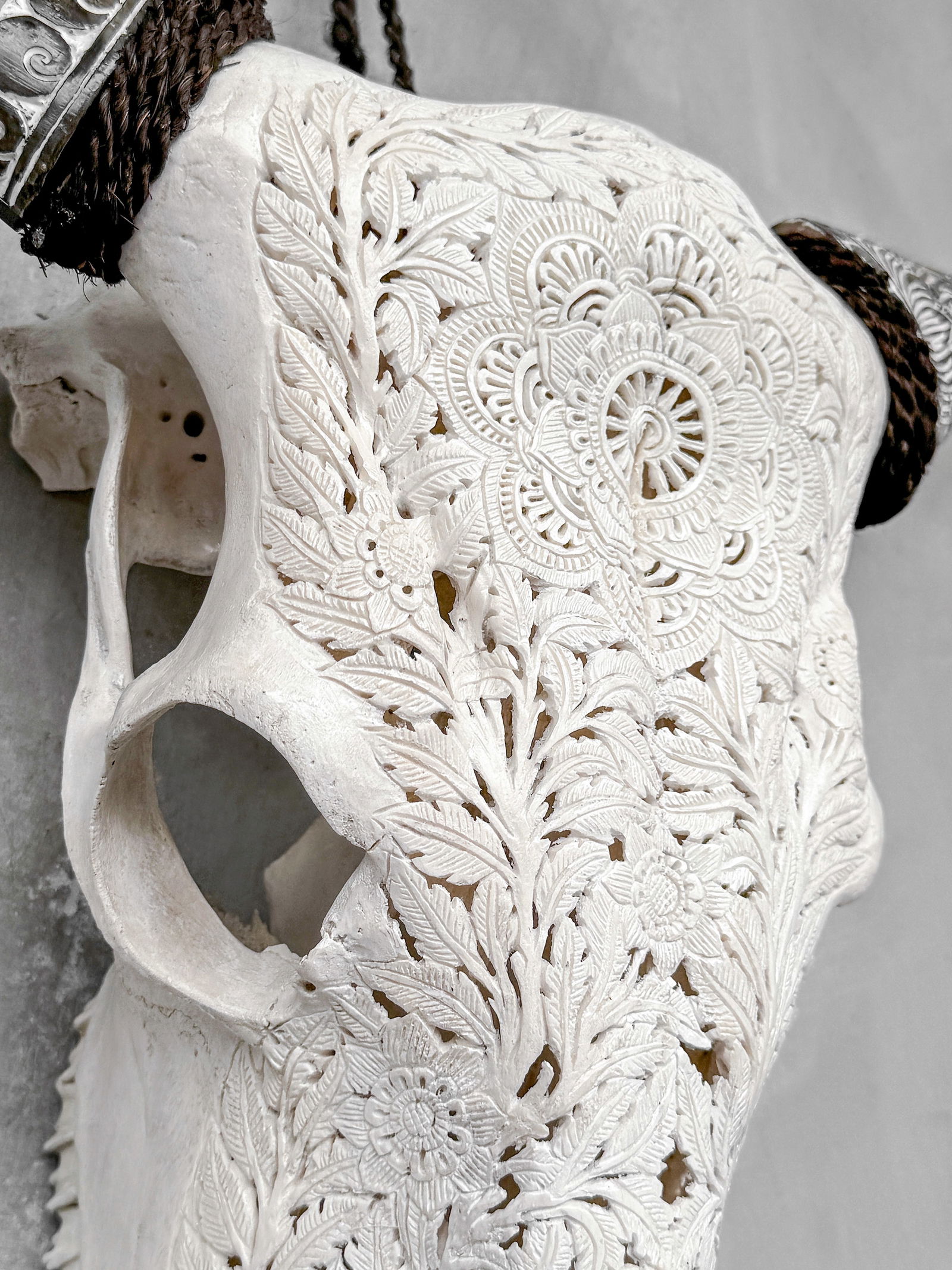 White cow skull carved horns - Flower mandala motif - 6