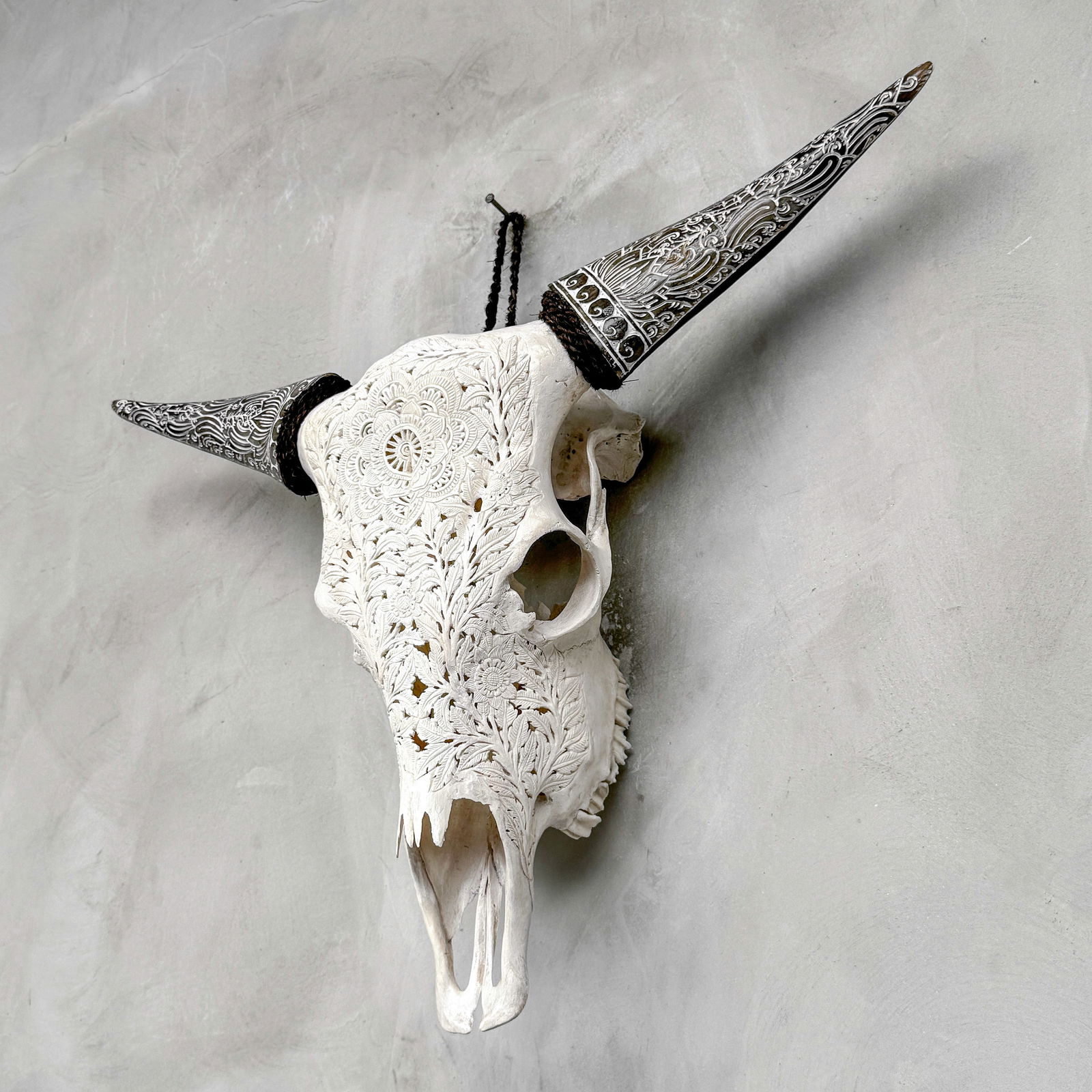 White cow skull carved horns - Flower mandala motif - 7