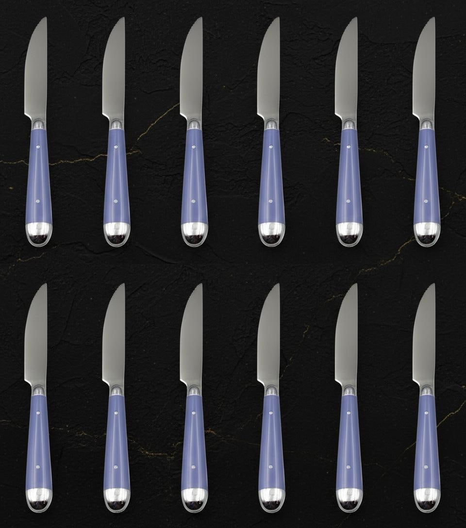 12pc Oneida Steak Knife Set Palette Violet Pattern Vintage 1995 Stainless NOS: Title:12pc Oneida Steak Knife Set Palette Violet Pattern Vintage 1995 Stainless NOSDescription:This listing offers a complete set of twelve vintage steak knives by Oneida from the Palette Violet