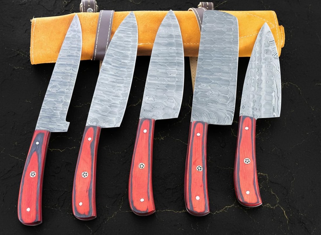 Artisan Forged 5pc Damascus Steel Chef Knife Set with Hardwood Handles for Kitchen & BBQ (1 of 8)
