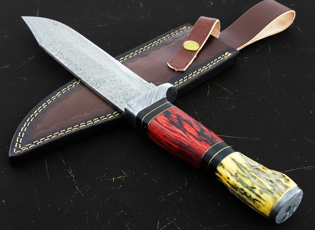 Custom Forged Damascus Steel Bowie Knife 13.5" with Stag Horn & Wood Handle for Hunting - 3