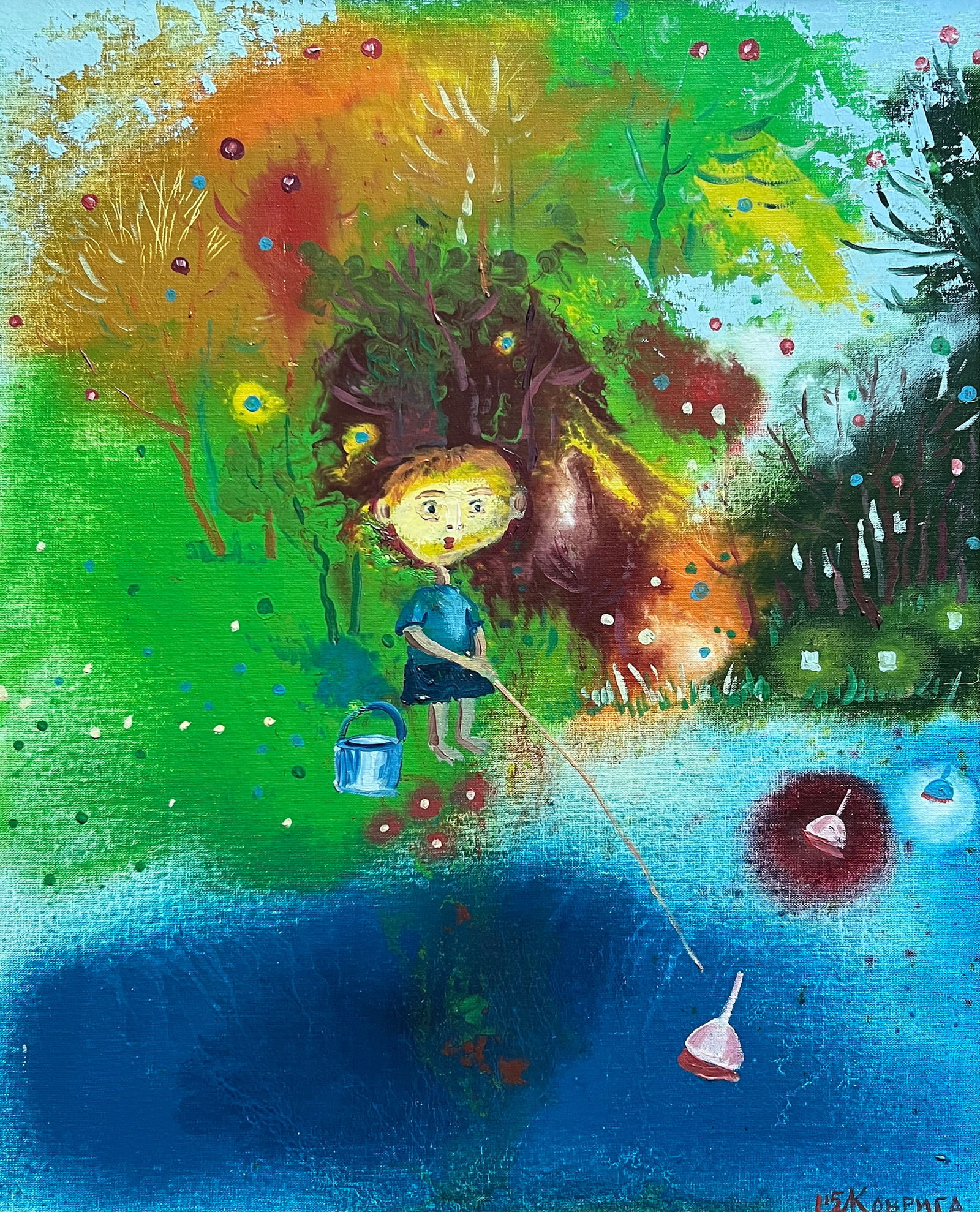 Abstract Oil painting with frame On a fishing trip K. Leonid - 2