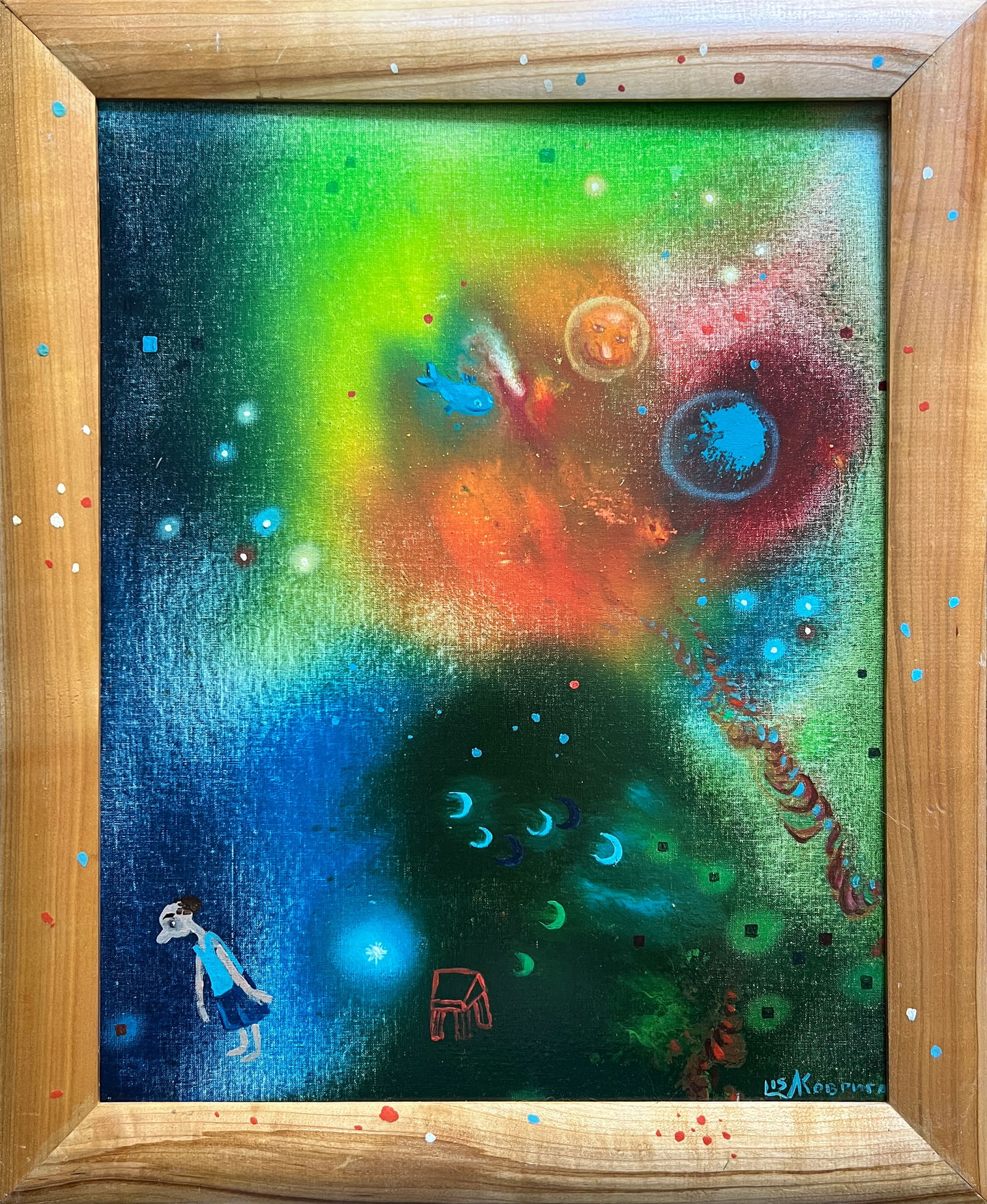 Abstract Oil painting with frame Blue fish K. Leonid: Title: Abstract Oil painting with frame Blue fish K. Leonid Description: 827KK Painter: K. Leonid Size: 50x40 cm/ 19.68x15.74 inches Components: oil, canvas, cardboard Original painting CONDITION: exc