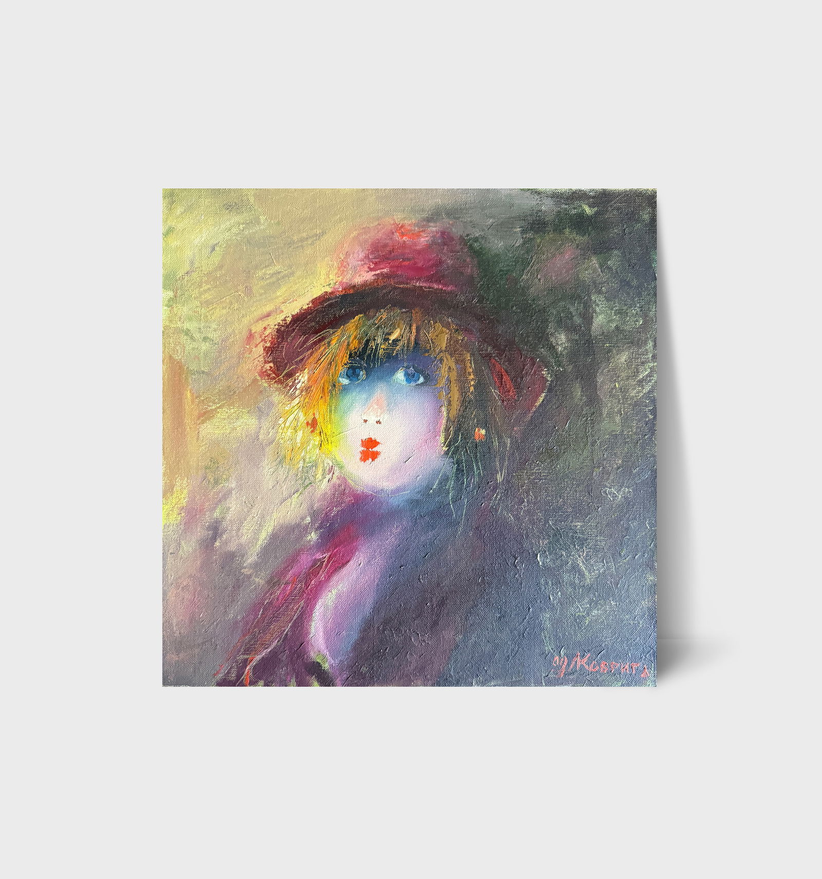 Abstract Oil painting with frame red hat K. Leonid - 15