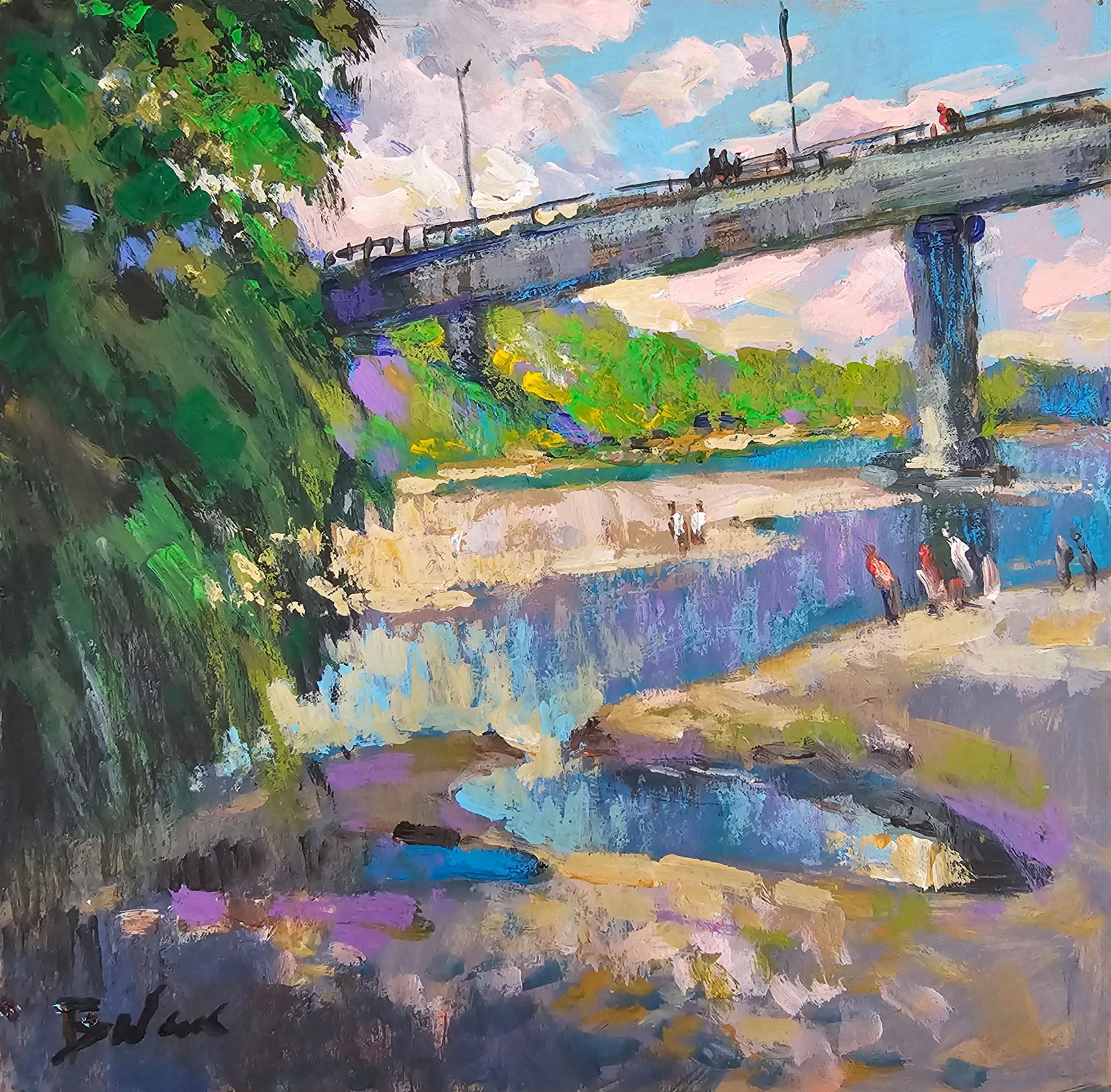 Acrylic painting On the river Vyacheslav Petrovich Babac: Title: Acrylic painting On the river Vyacheslav Petrovich Babac Description: 296BA Painter: Vyacheslav Petrovick Babac Size: 24x25 cm/ 9.44x9.84 inches Components: Acrylic, cardboard Original painting