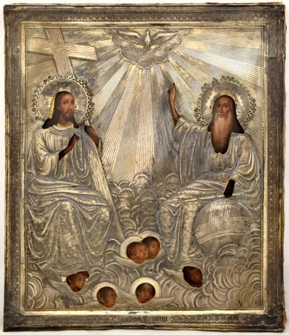 New Testament Trinity: Russian wooden icon with silver oklad, stamp. New Testament Trinity. Dimensions 27 × 31.5 cm Century 19 Reserve: $2,000.00 Shipping: Domestic: Flat-rate of $70.00 to anywhere within the contiguo
