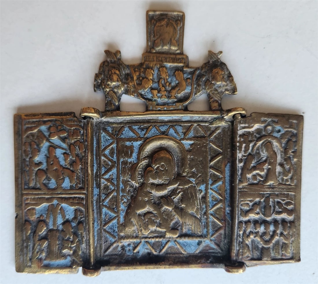 19h CENTURY RUSSIAN ORTHODOX BRONZE ICON TRIPTYCH antique MOTHER OF GOD (1 of 4)