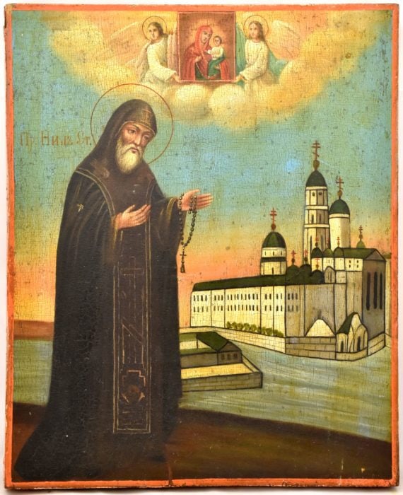 Saint Nil Stolbenskiy: Saint Nil Stolbenskiy. Russian wooden icon. Dimensions 22 × 27 cm Century 19 Reserve: $900.00 Shipping:Domestic: Flat-rate of $70.00 to anywhere within the contiguous U.S.International: