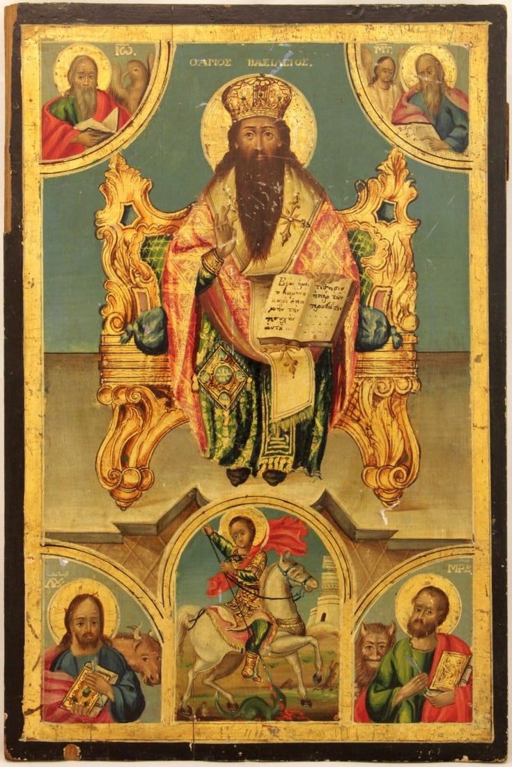 Saint Basil the Great , Saint George Slaying the Dragon, Saints Evangelists. Greece: Saint Basil the Great Basil of Caesarea was the Greek bishop of Caesarea Mazaca in Cappadocia, Asia Minor (modern-day Turkey). Saint George Slaying the Dragon, Saints Evangelists. Large Greek