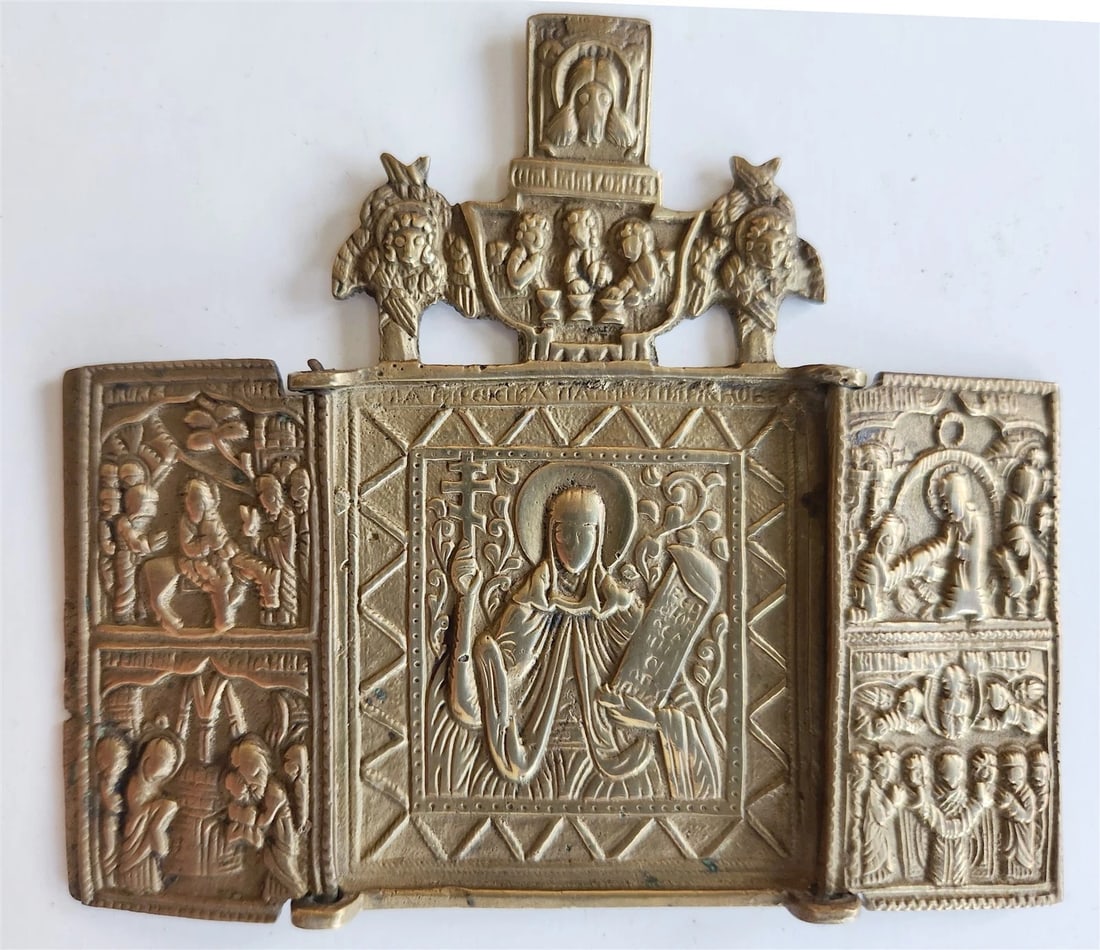 RUSSIAN BRONZE TRAVELER'S ICON TRYPTICH of ST. Paraskeva antique 19 century - 2