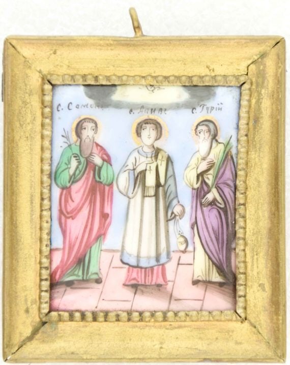 Finift. Saints Samonas, Gurias, Aviv: Finift. Saints Samonas, Gurias, Aviv. Dimensions 5.5 × 6.5 cm Century 19 Reserve: $440.00 Shipping:Domestic: Flat-rate of $70.00 to anywhere within the contiguous U.S.International: