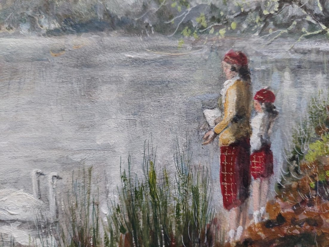 English School; Traditional English Painting Children Feeding Swans Richmond Park London, 20th - 7