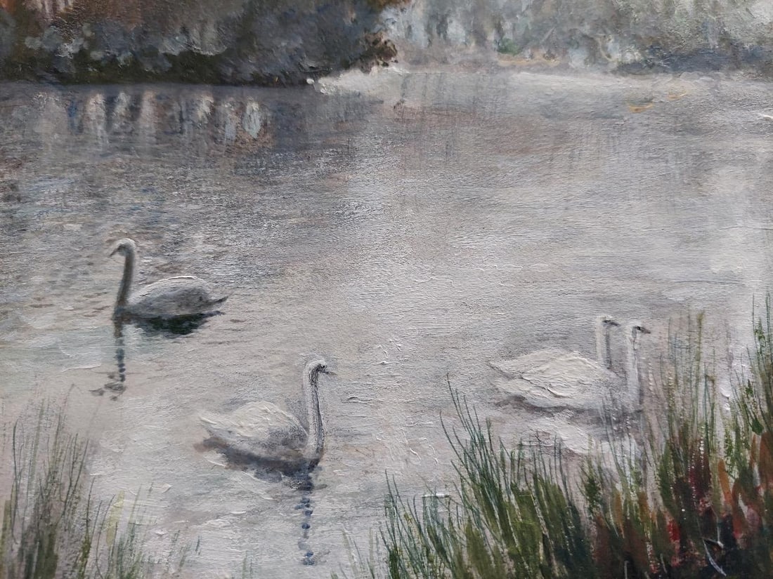 English School; Traditional English Painting Children Feeding Swans Richmond Park London, 20th - 8