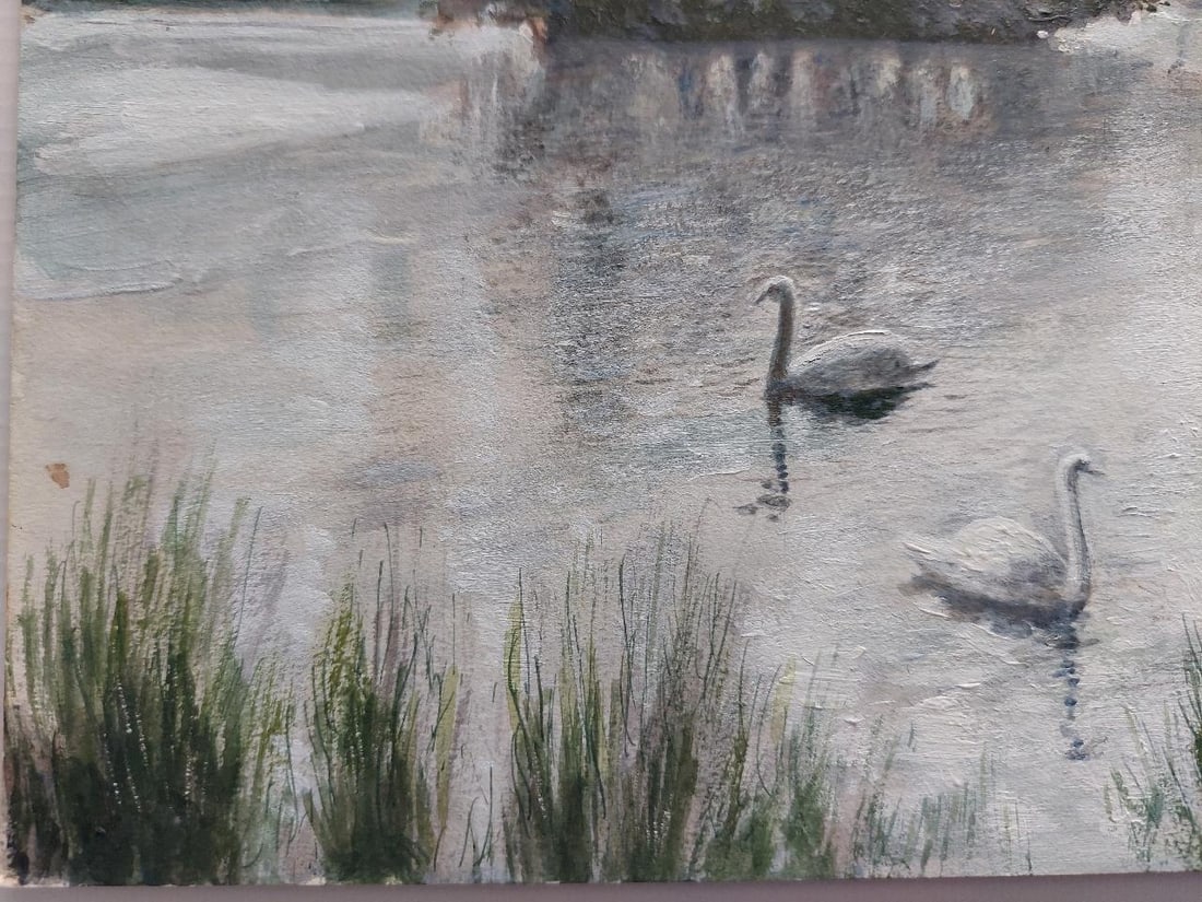 English School; Traditional English Painting Children Feeding Swans Richmond Park London, 20th - 9