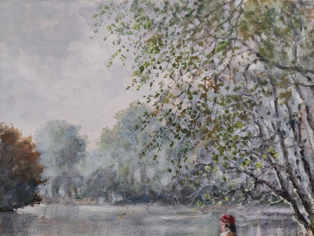 English School; Traditional English Painting Children Feeding Swans Richmond Park London, 20th - 10