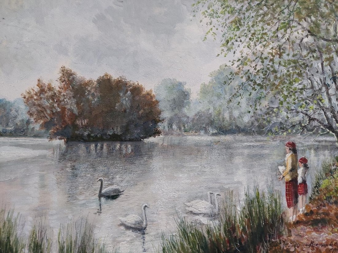 English School; Traditional English Painting Children Feeding Swans Richmond Park London, 20th - 11