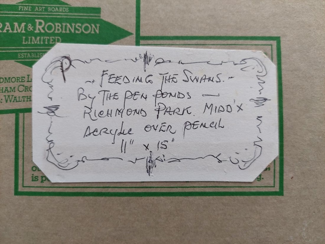 English School; Traditional English Painting Children Feeding Swans Richmond Park London, 20th - 12