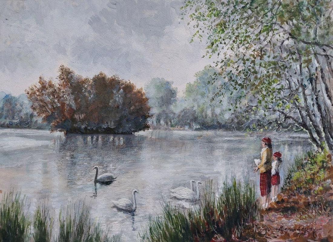 English School; Traditional English Painting Children Feeding Swans Richmond Park London, 20th (1 of 13)