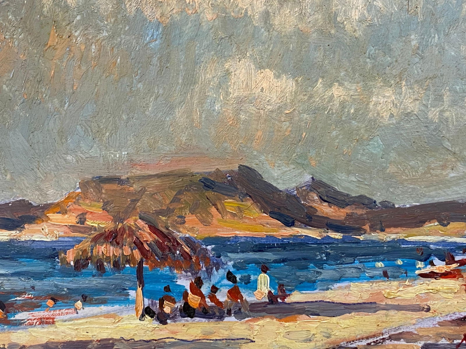 French Impressionist En Plein Air Oil Painting, Coastal Scene with Figures, 20th Century - 10