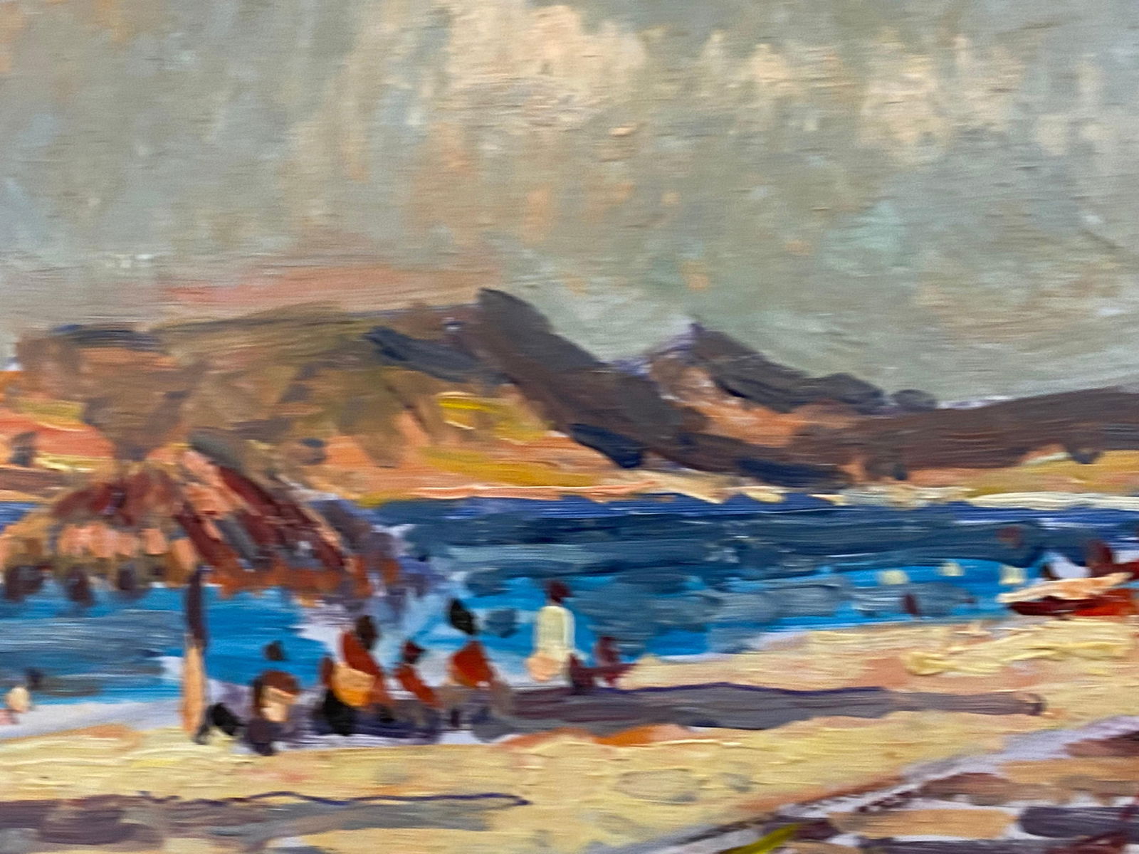 French Impressionist En Plein Air Oil Painting, Coastal Scene with Figures, 20th Century - 11