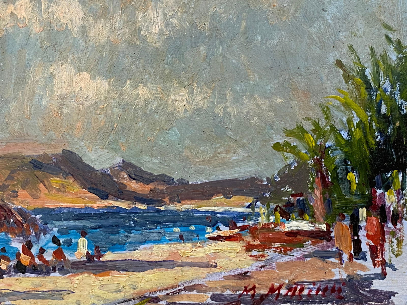 French Impressionist En Plein Air Oil Painting, Coastal Scene with Figures, 20th Century - 16