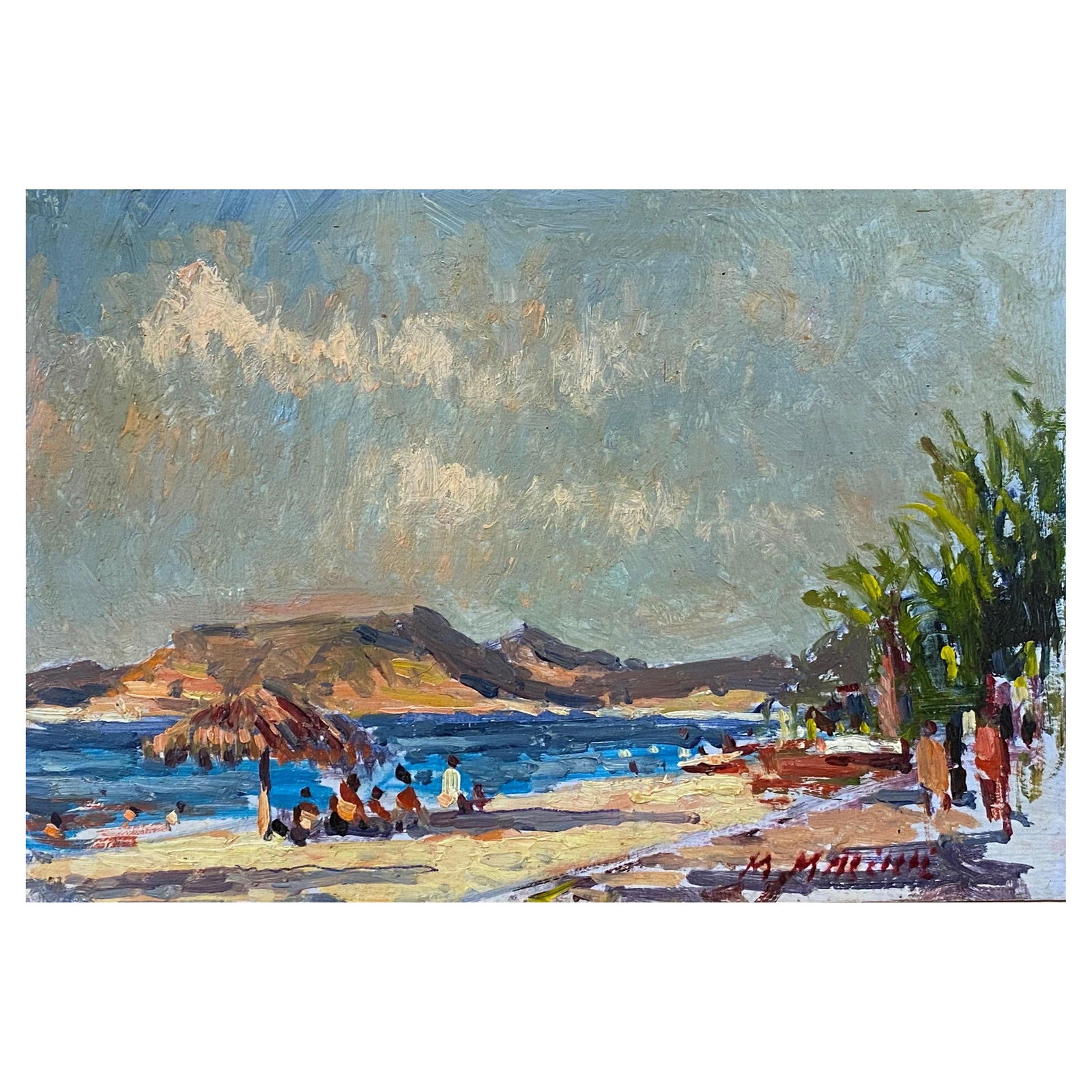 French Impressionist En Plein Air Oil Painting, Coastal Scene with Figures, 20th Century - 7