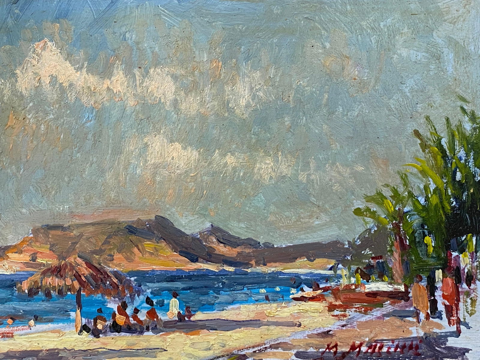 French Impressionist En Plein Air Oil Painting, Coastal Scene with Figures, 20th Century - 8