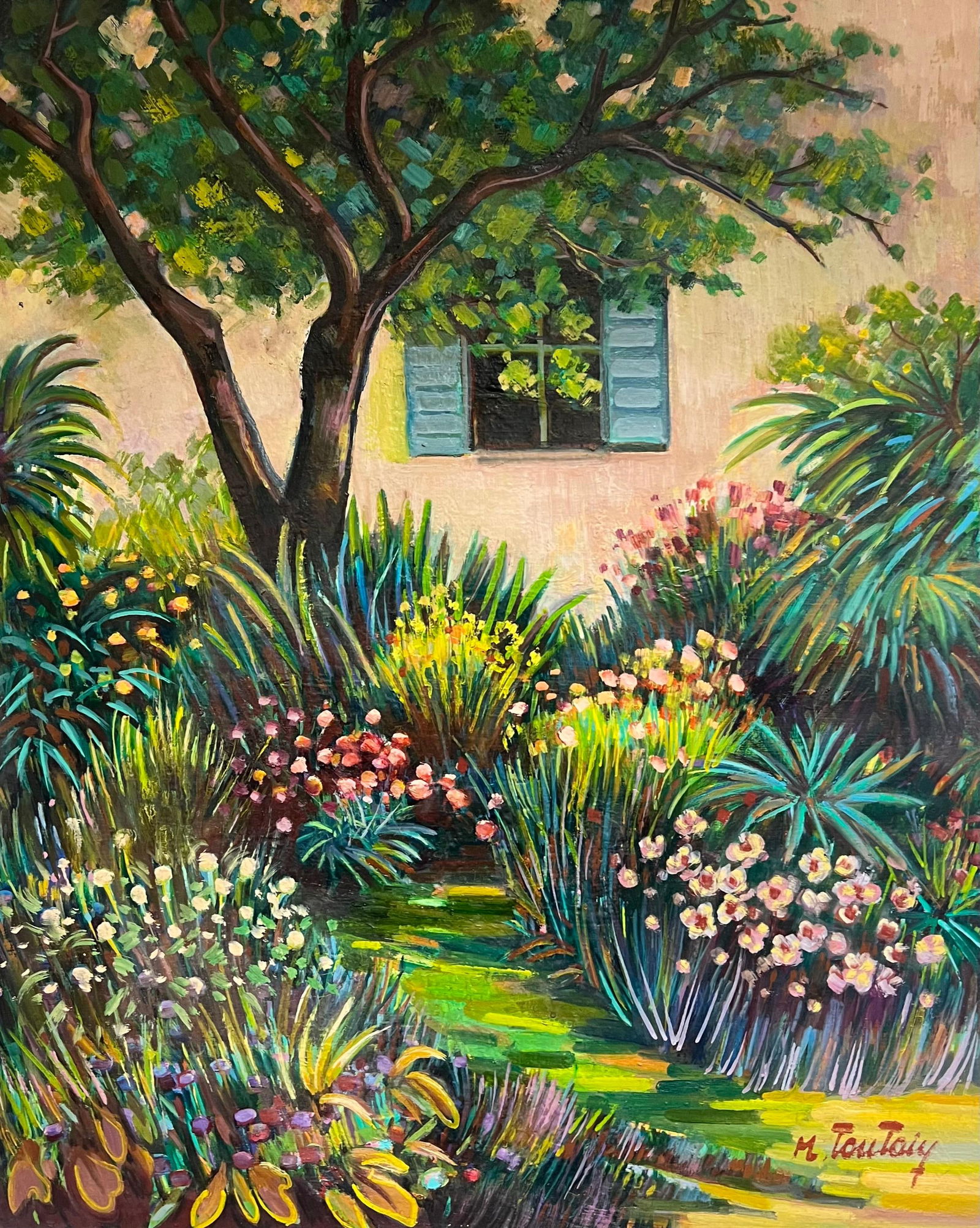Max Toutain; The Provence House Flower Garden Large 20th Century French Oil Painting - 4