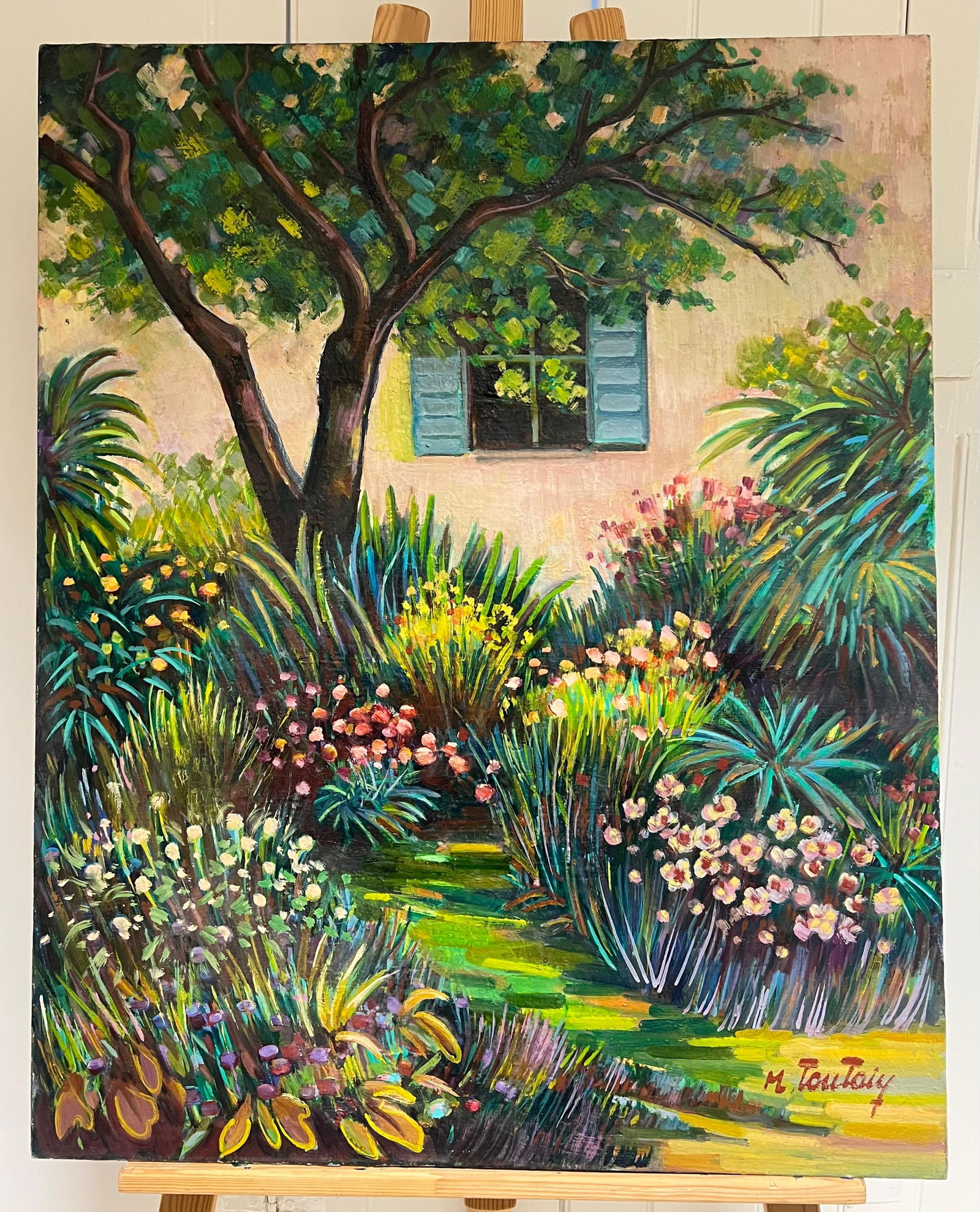 Max Toutain; The Provence House Flower Garden Large 20th Century French Oil Painting - 5