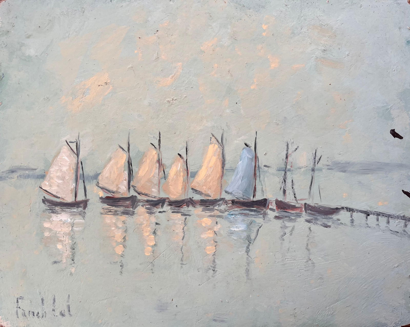 Fanch Lel; French Seascape Oil Painting of Traditional Sailboats Moored in Calm Water (1 of 11)