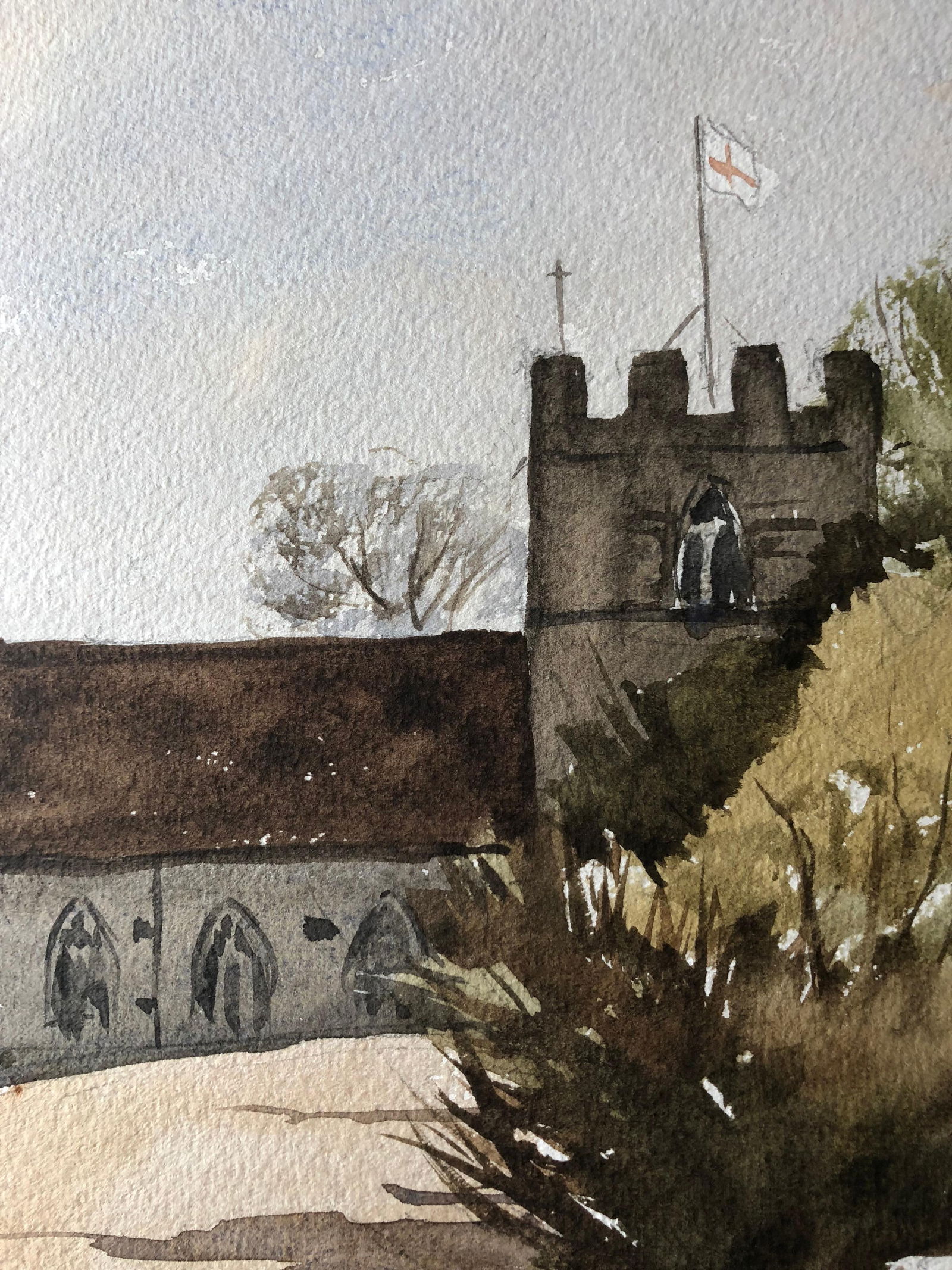 Dinton Church, Original British Watercolour Painting, circa 1982 - 7
