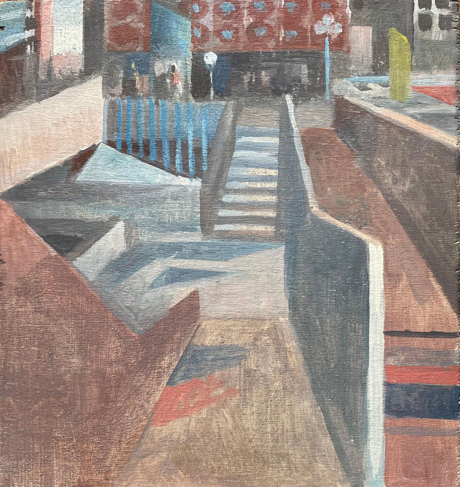 Bernadette Kelly; French Modernist Oil Painting of Urban Staircase and Architectural Scene: Title: Bernadette Kelly; French Modernist Oil Painting of Urban Staircase and Architectural Scene Description: Abstract Composition signed by Serge Guerin (b. 1916), French oil painting on canvas, unf