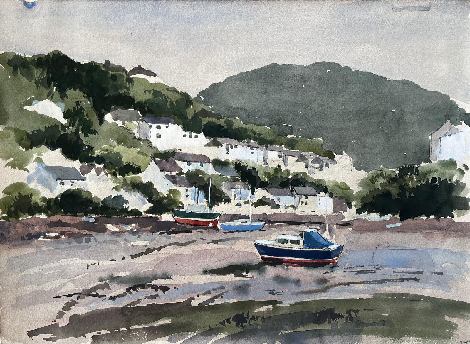 Anthony Herbert; 1982 Watercolour of Newton Ferrers Devon with Boats, Hills and Coastal Cottages,: Title: Anthony Herbert; 1982 Watercolour of Newton Ferrers Devon with Boats, Hills and Coastal Cottages, 1982 Description: Title: Beer Devon Beach Scene with Boats Beach Huts and Umbrellas