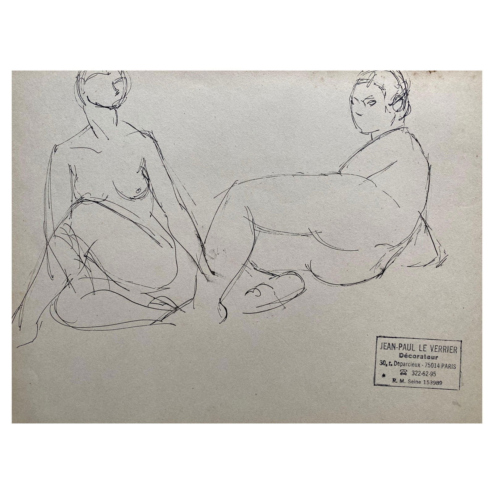 Mid 20th Century French Original Line Drawing Sketch Figure Lady - Stamped, Mid-20th Century: Title: Mid 20th Century French Original Line Drawing Sketch Figure Lady - Stamped, Mid-20th Century Description: English Graphite Sketch of a Female Figure, Back View by Henry George Moon (British 185