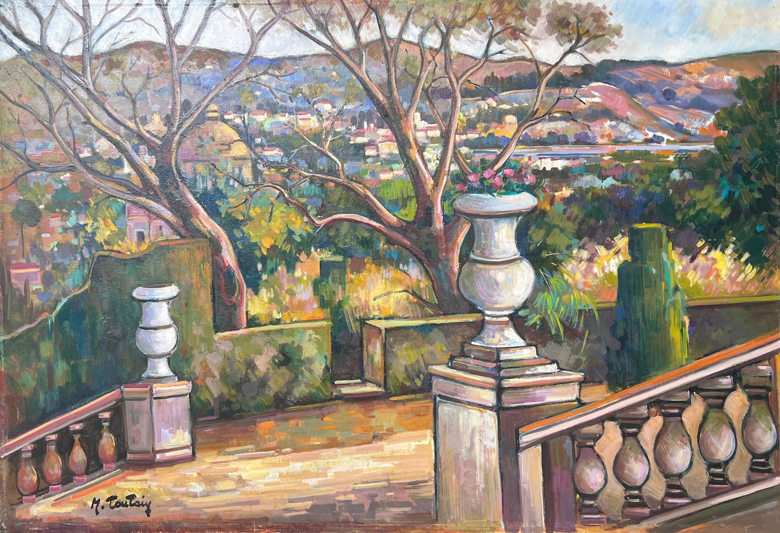 Max Toutain; Provencal Coastal Garden Terrace Huge 20th Century French Impressionist Painting: Title: Max Toutain; Provencal Coastal Garden Terrace Huge 20th Century French Impressionist Painting Description: Jean - Luc Mauger (1952) French School, 20th century signed oil on board, framed frame