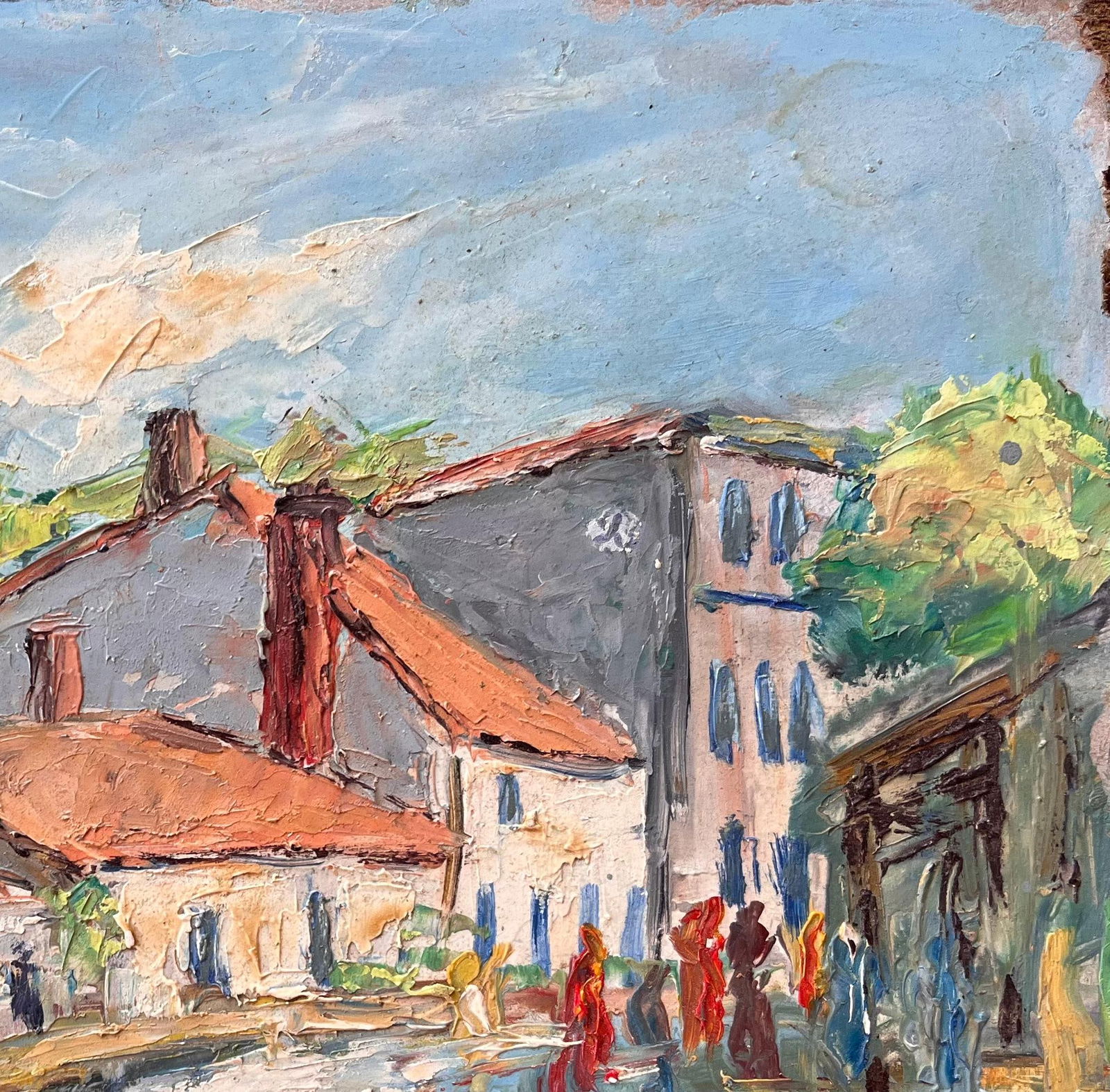 F. Le Lay; Impressionist French Village Market Scene with Red Roofs and Figures, 1984 - 11