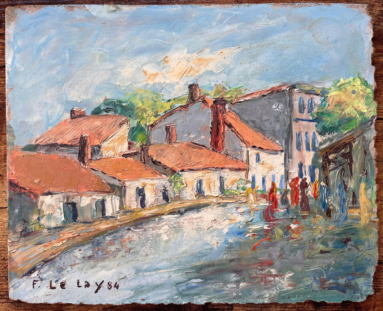 F. Le Lay; Impressionist French Village Market Scene with Red Roofs and Figures, 1984 - 16