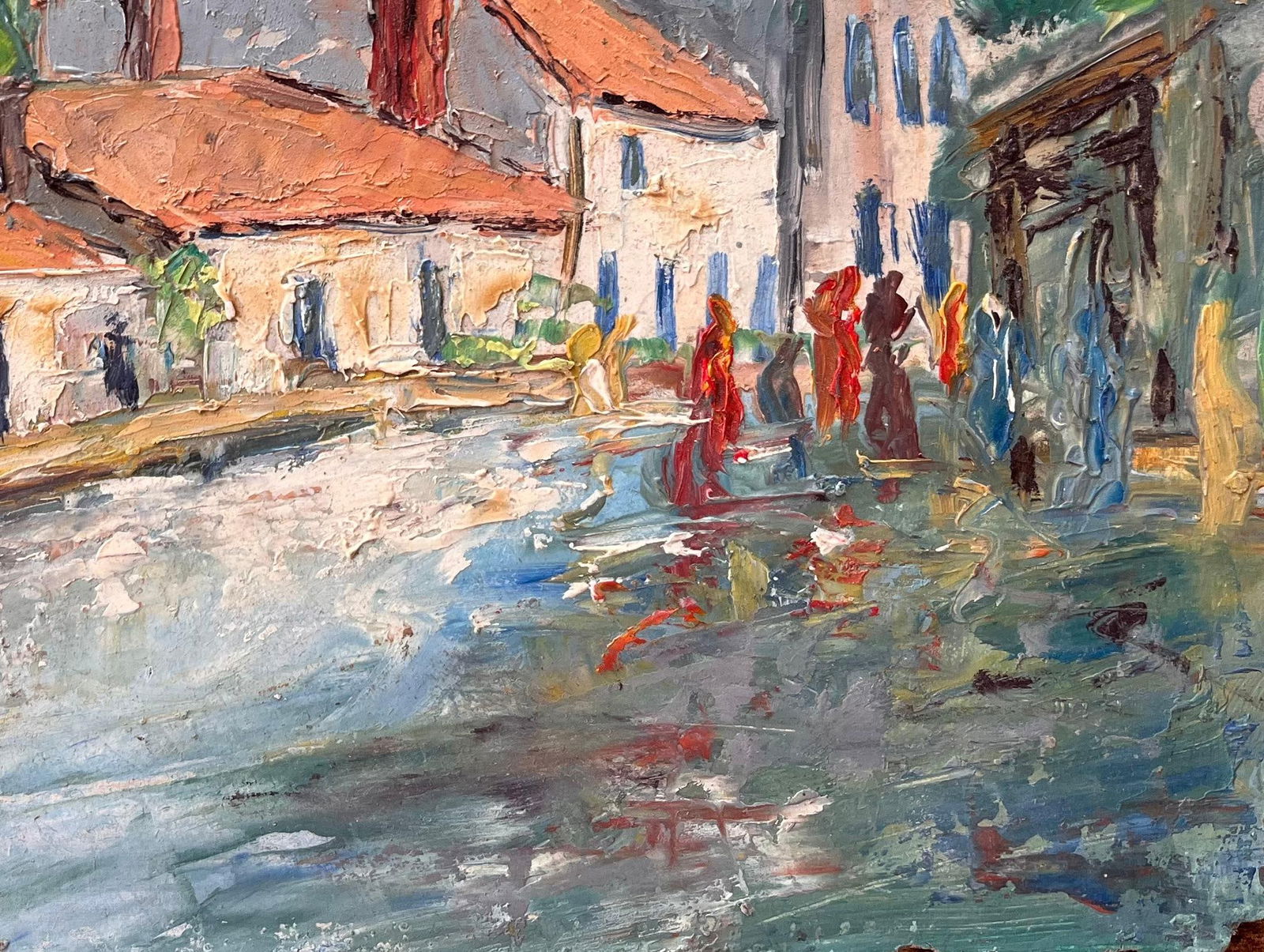 F. Le Lay; Impressionist French Village Market Scene with Red Roofs and Figures, 1984 - 2