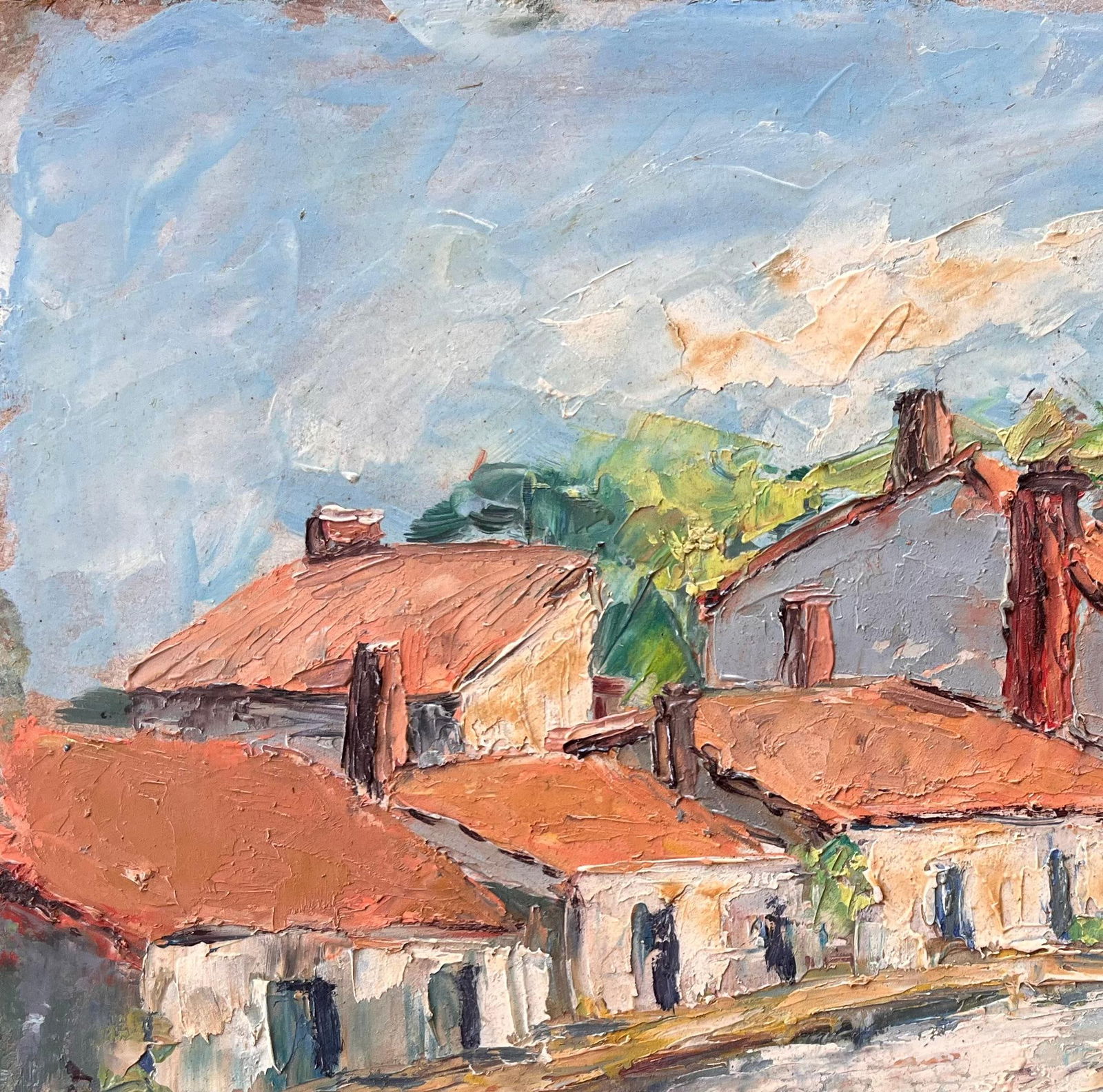 F. Le Lay; Impressionist French Village Market Scene with Red Roofs and Figures, 1984 - 4