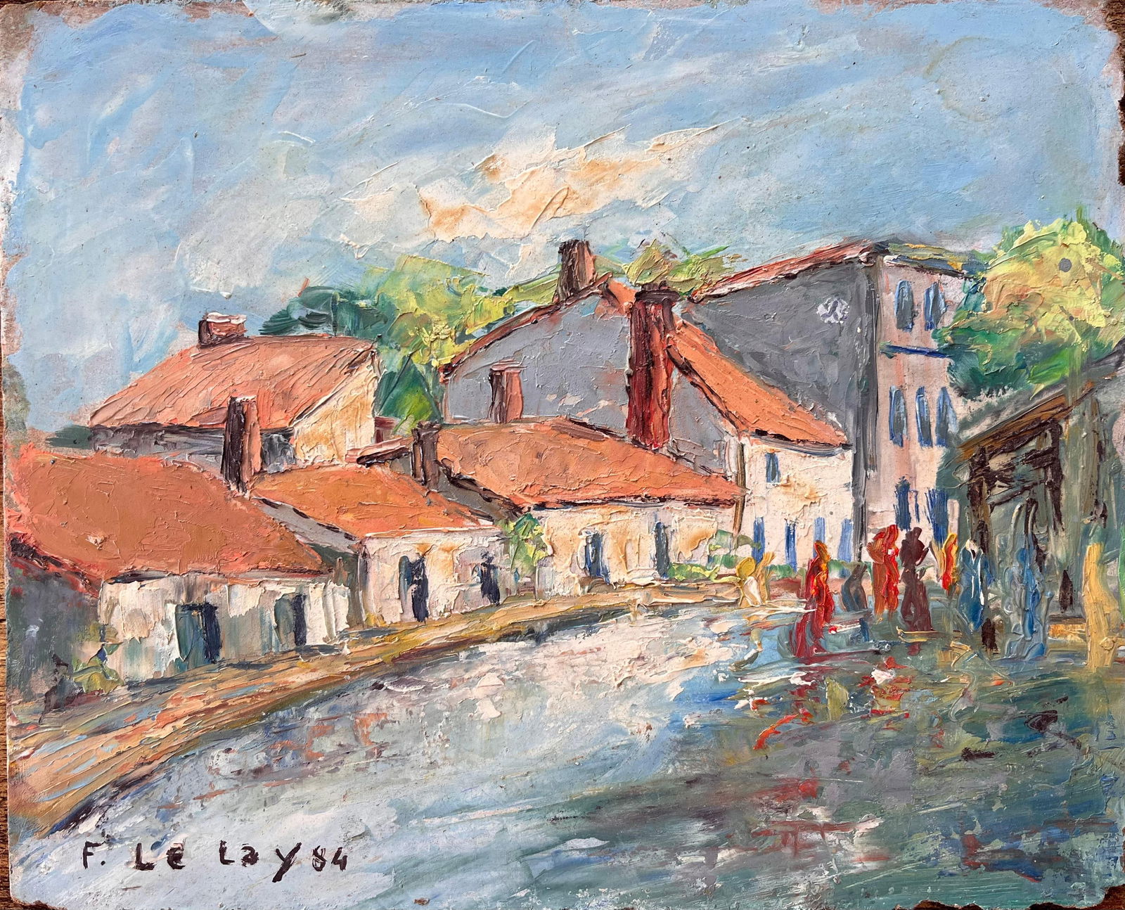 F. Le Lay; Impressionist French Village Market Scene with Red Roofs and Figures, 1984 - 7