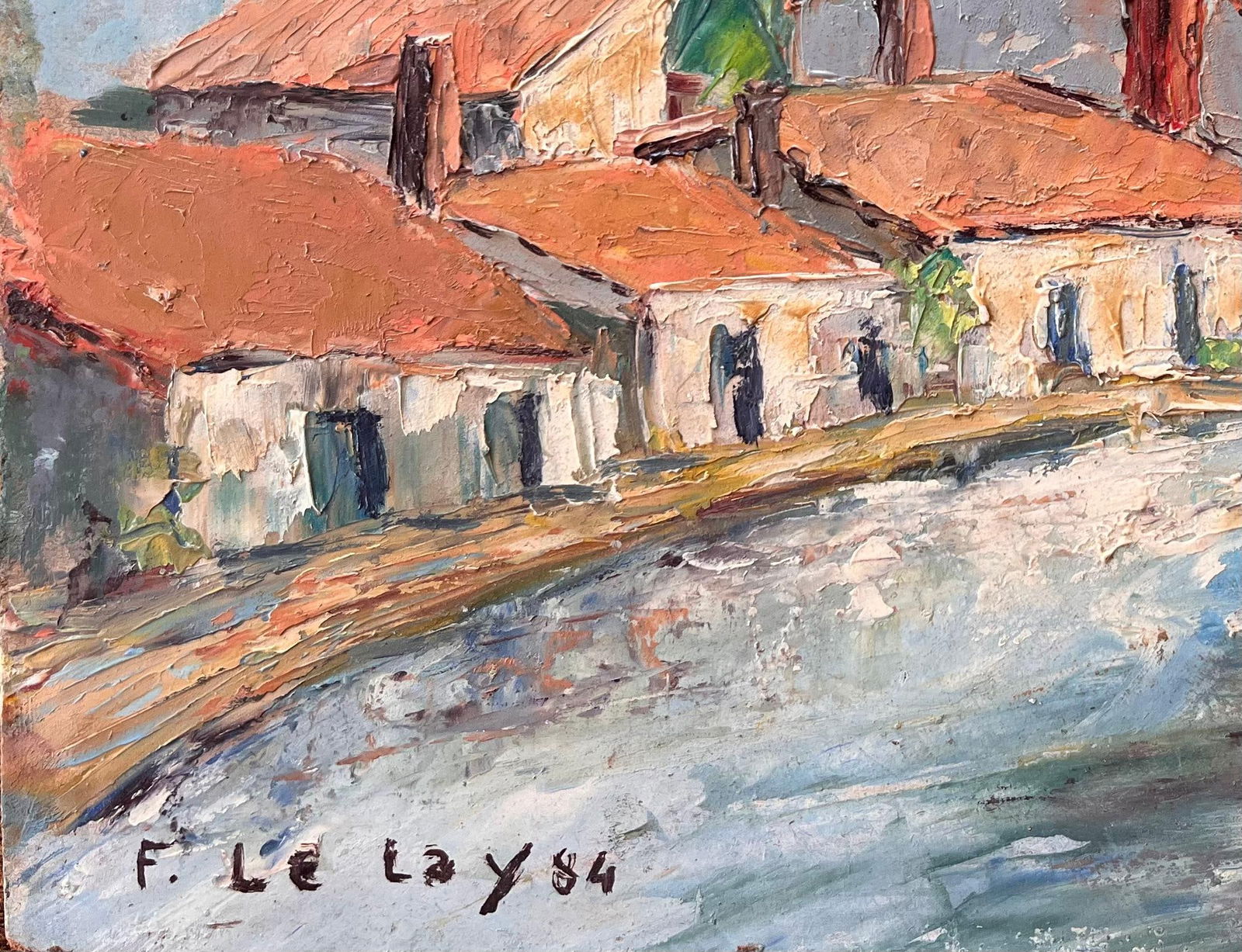 F. Le Lay; Impressionist French Village Market Scene with Red Roofs and Figures, 1984 - 9