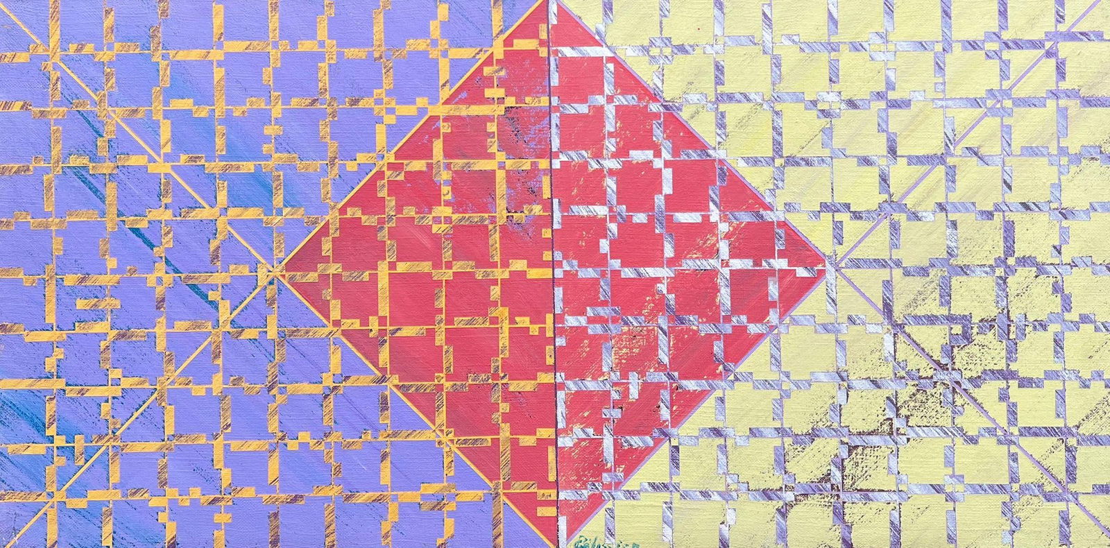 Gilbert Pelissier; French 20th Century Abstract Bold Red Diamond Amidst a Complex Grid, 1978: Title: Gilbert Pelissier; French 20th Century Abstract Bold Red Diamond Amidst a Complex Grid, 1978 Description: Abstract Expressionist Composition by Marie Deloume (French born 1942) signed on back,