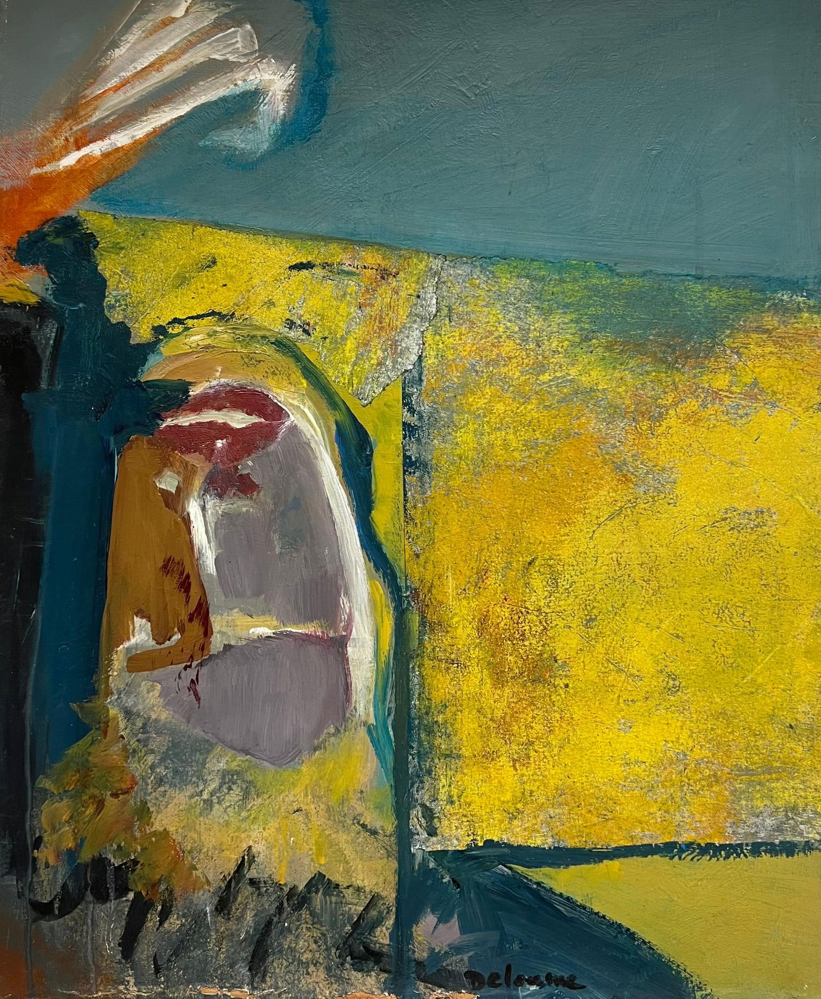 Marie Deloume (French born 1942); Large French 20th Century Abstract Expressionist Oil Painting: Title: Marie Deloume (French born 1942); Large French 20th Century Abstract Expressionist Oil Painting Yellow Blue, 1993 Description: Title: Original Oil Painting of a Shell and Blossoms on Crimson Fa
