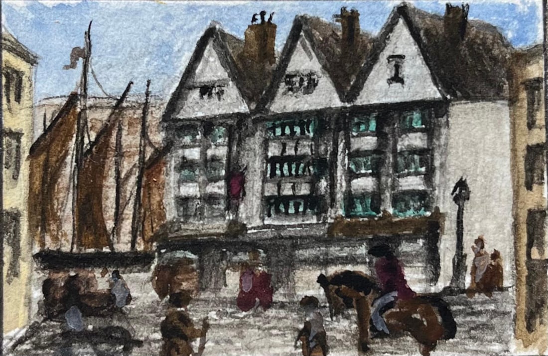 Jack Grunwell; Historic Miniature Watercolor of Llandoger Trow Inn and Sailing Ship in Bristol (1 of 6)