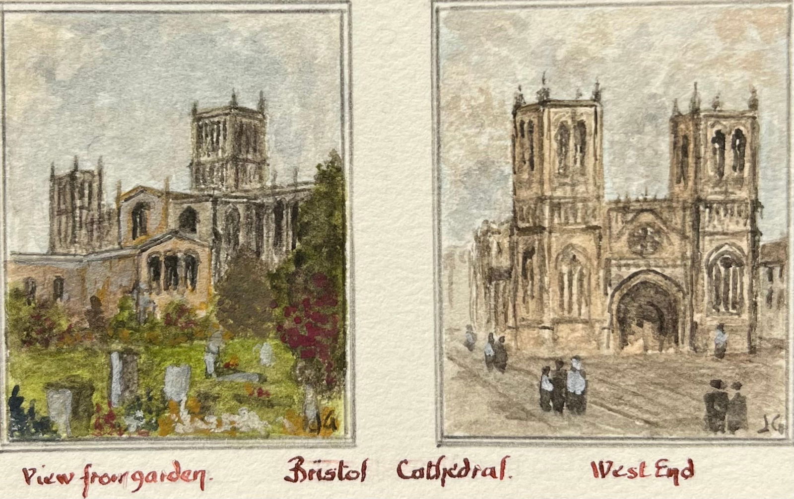 Jack Grunwell; Historic Miniature Watercolor of Bristol Cathedral West End and Garden View (1 of 6)