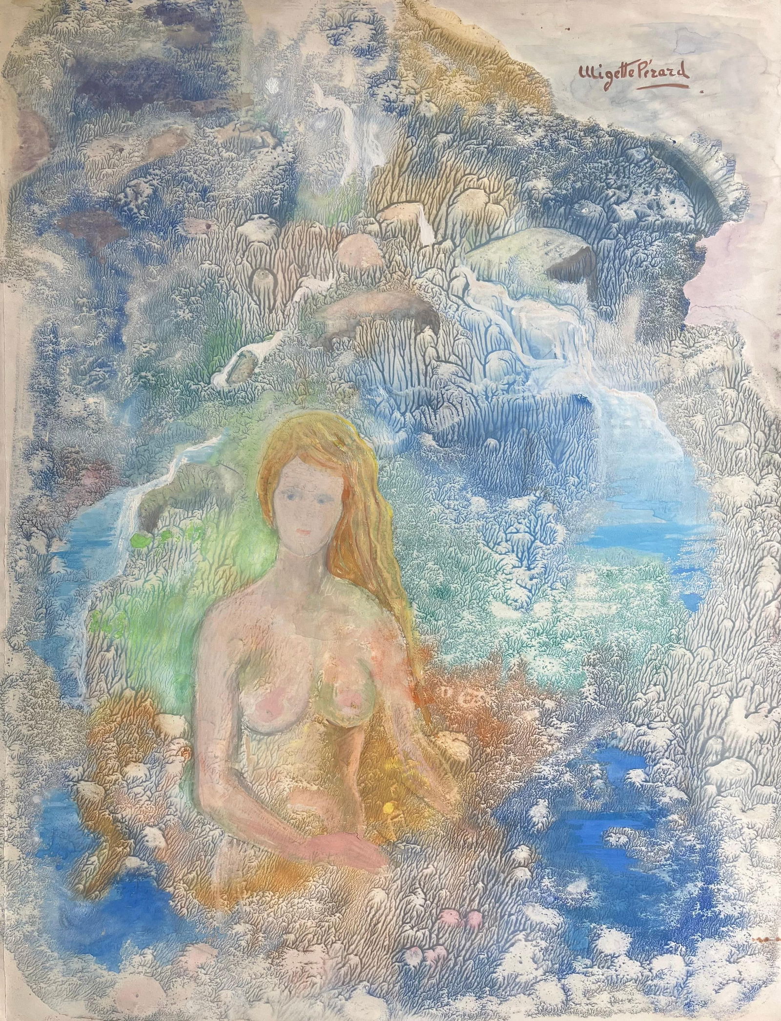 Anne Marie Migette Perard; Mid 20th Century Post Impressionist Acrylic of a Female Figure: Title: Anne Marie Migette Perard; Mid 20th Century Post Impressionist Acrylic of a Female Figure Description: Title: French Mid-Century Ink and Graphite Drawing of Village Among Trees by Anne Marie