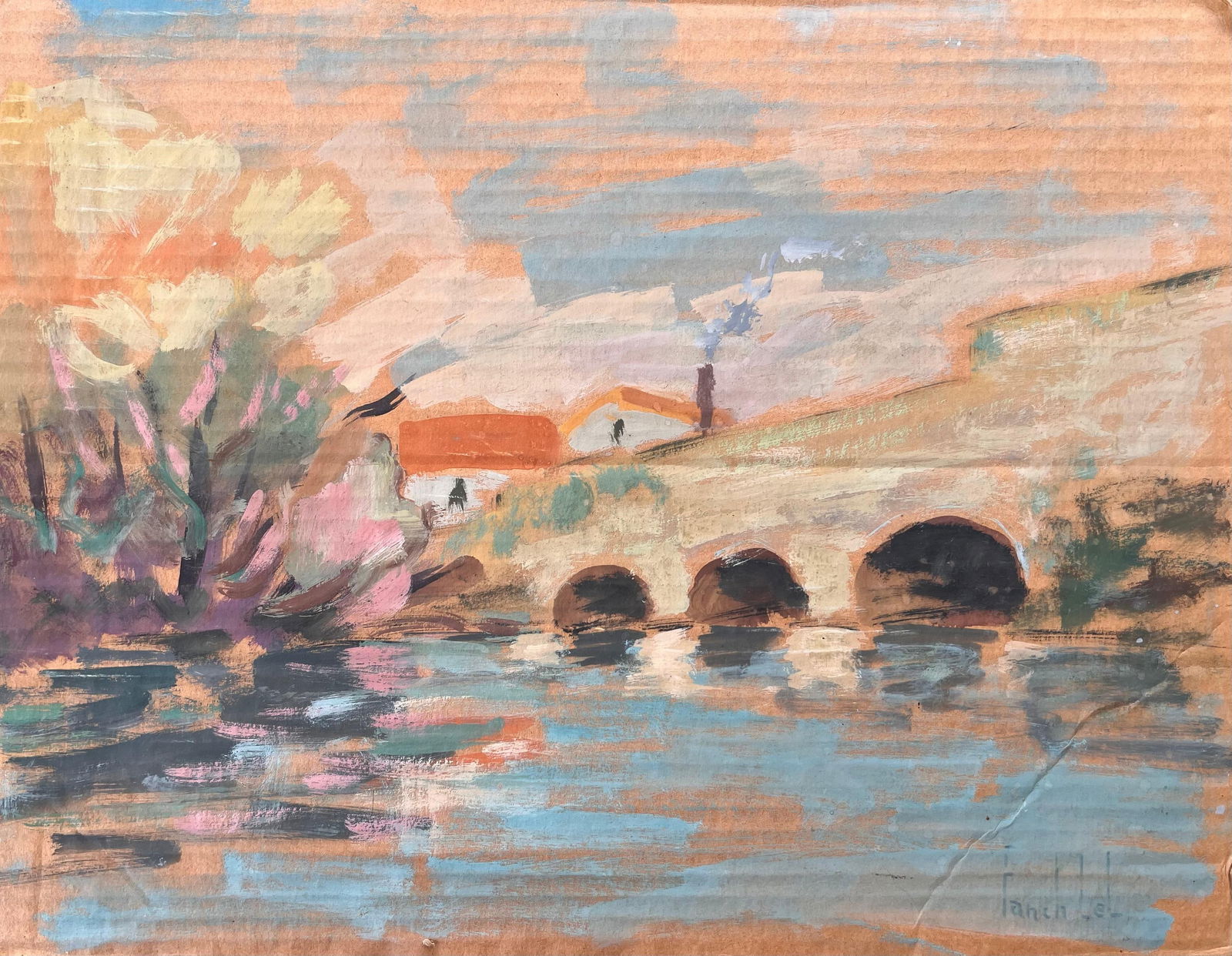 Fanch Lel; French Impressionist Landscape of Brunoy and the Old Bridge of Boussy: Title: Fanch Lel; French Impressionist Landscape of Brunoy and the Old Bridge of Boussy Description: Title: French Canal Scene Oil Painting of Whitewashed Buildings Gondolas and Reflections By Fanch L