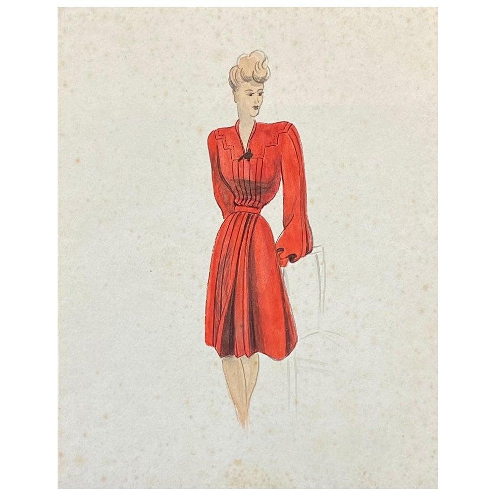 1940's Fashion Illustration, the Lady in the Red Dress, circa 1940s (1 of 17)