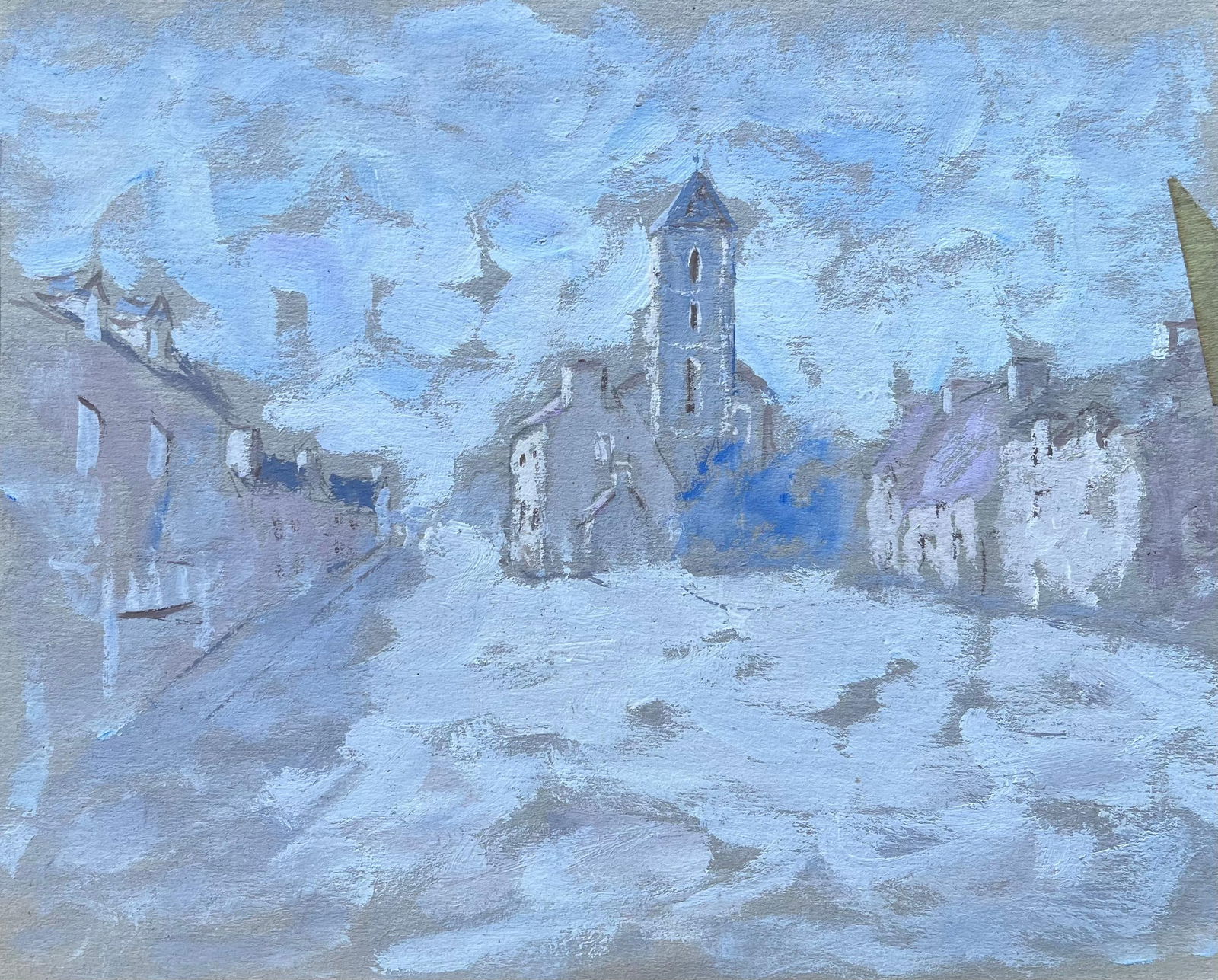 Fanch Lel; French Gouache Painting of Village Street and Church Tower in Pale Blue (1 of 11)